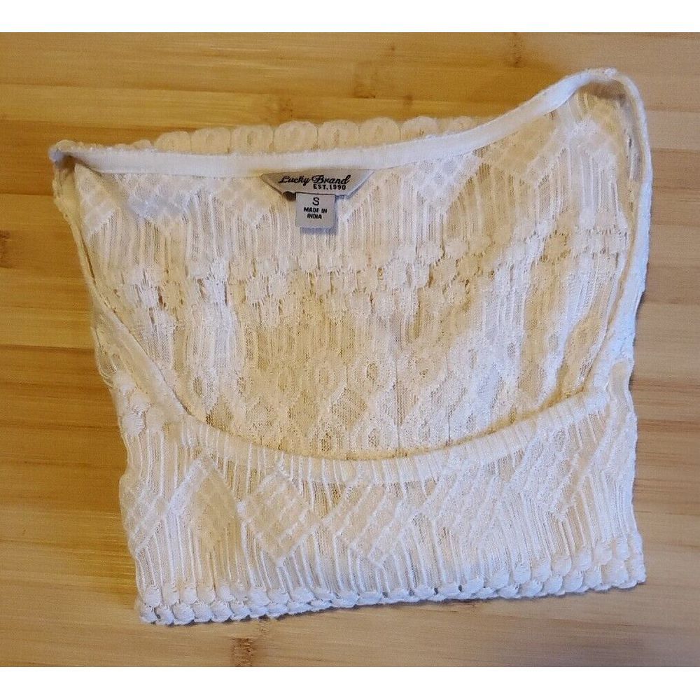 Lucky Brand Women Size S Ivory Lace Sheer 3/4 Sleeve Square Neck Top Boho Beach